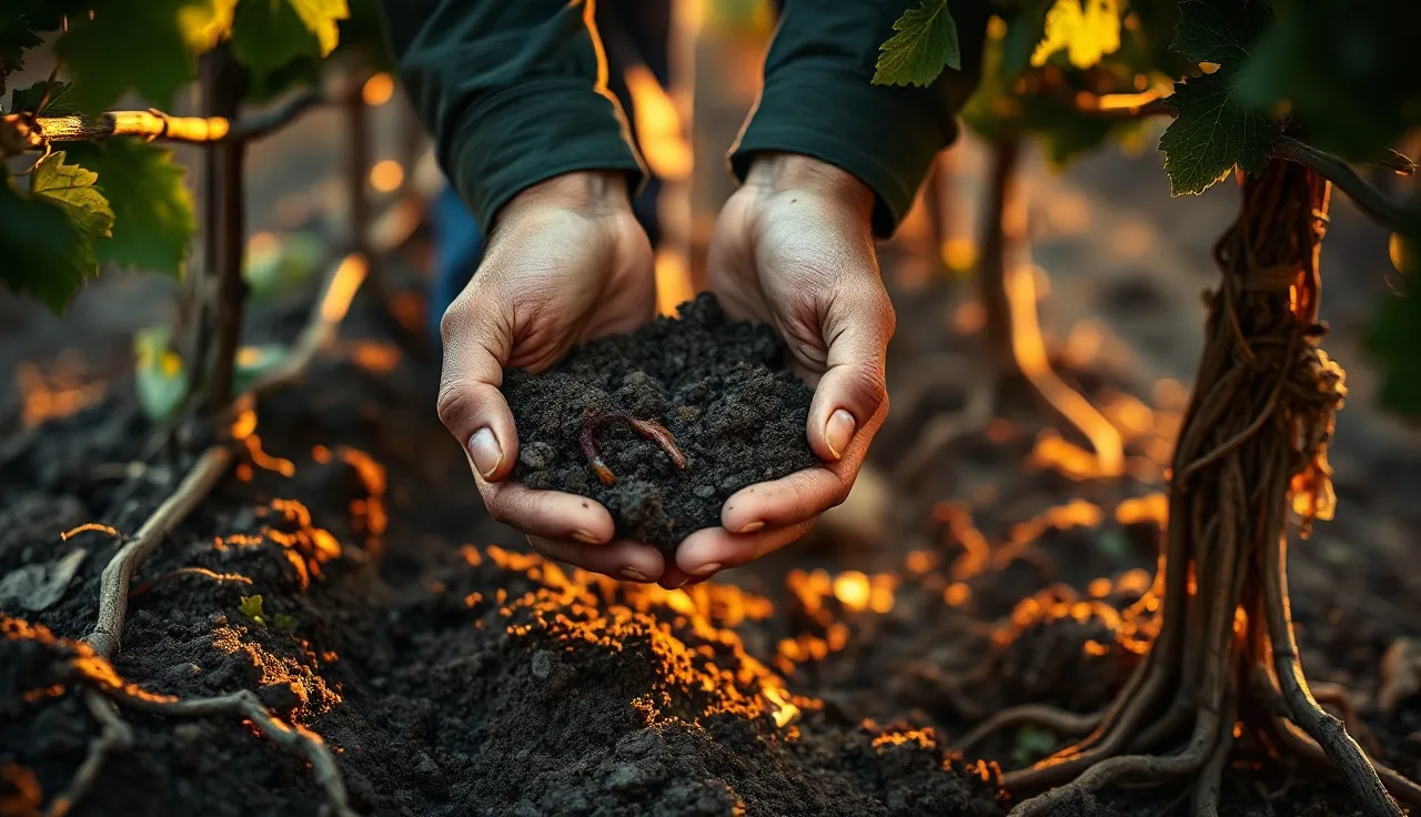 Hands holding dark vineyard soil with visible roots between vine rows at golden hour