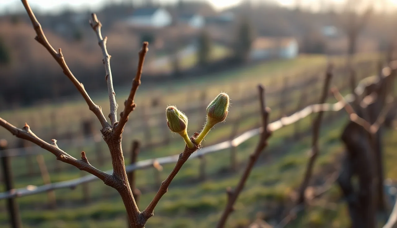 Green tip bud break visible on grapevine canes in a Virginia vineyard in early spring