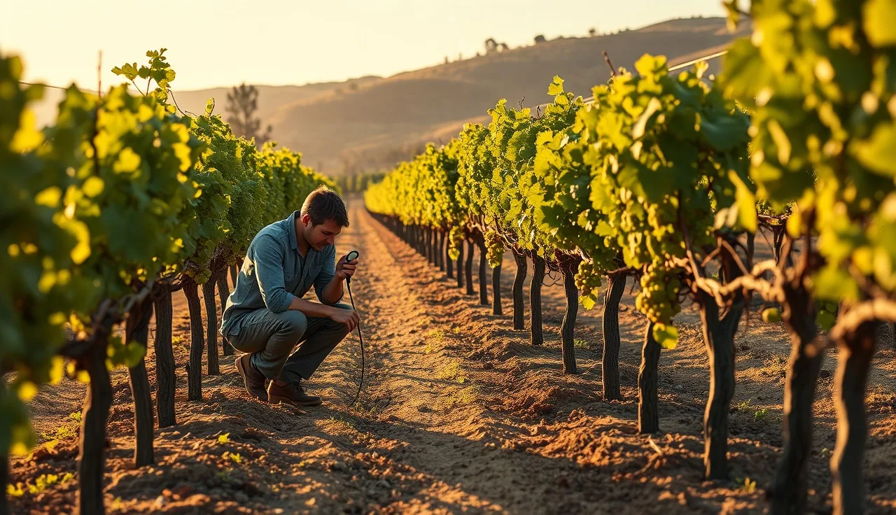 Vineyard worker scouting grapevine leaves for pests in early morning light
