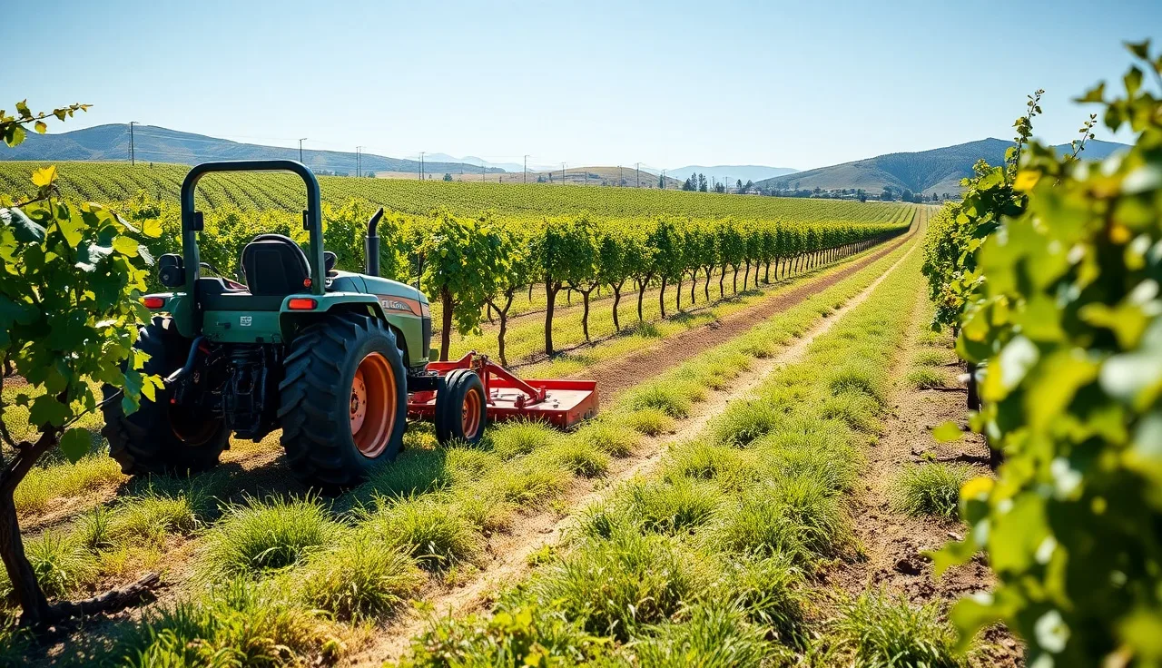 Compact tractor mowing inter-row cover crop between grapevines on a small vineyard