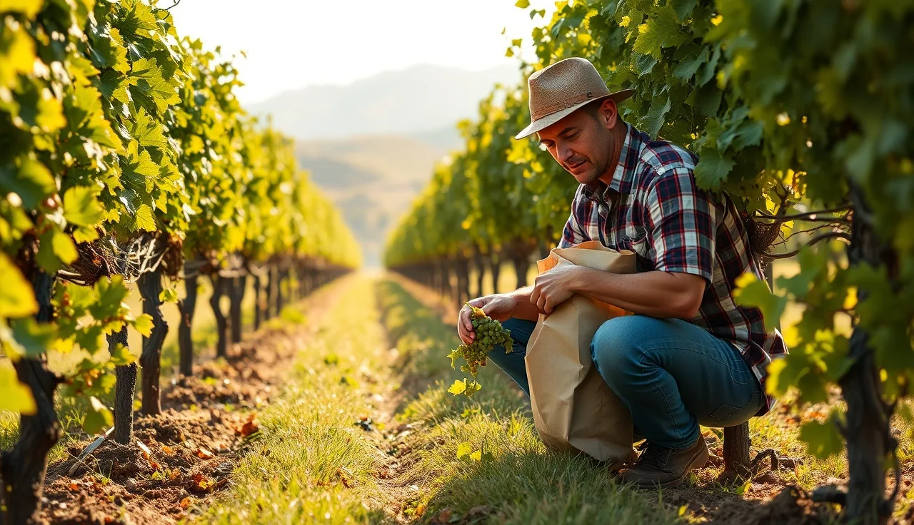 Vineyard manager collecting petiole samples from blooming grapevines at sunrise