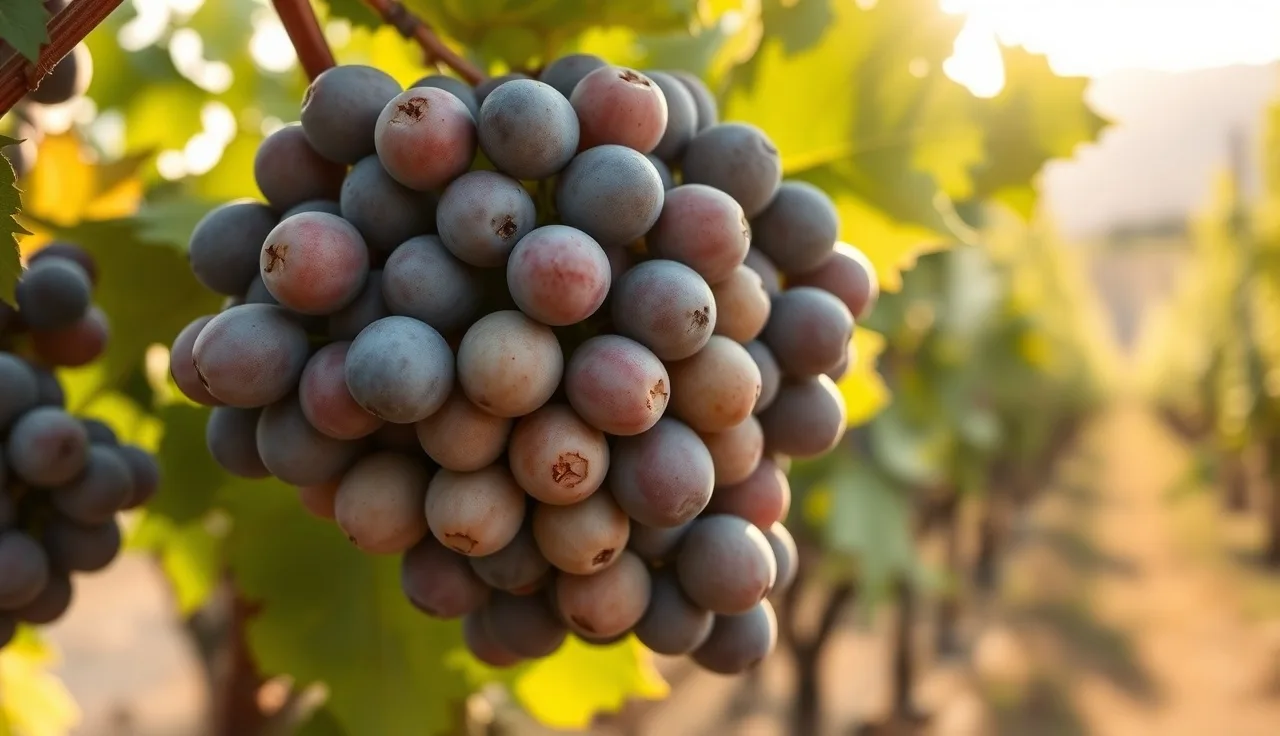 Wine grape cluster at bloom showing shot berries from boron deficiency in vineyard