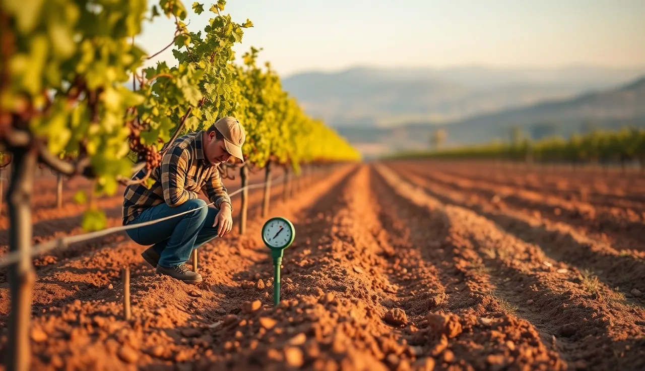 Vineyard manager reading a tensiometer gauge in a drip-irrigated vine row at dawn