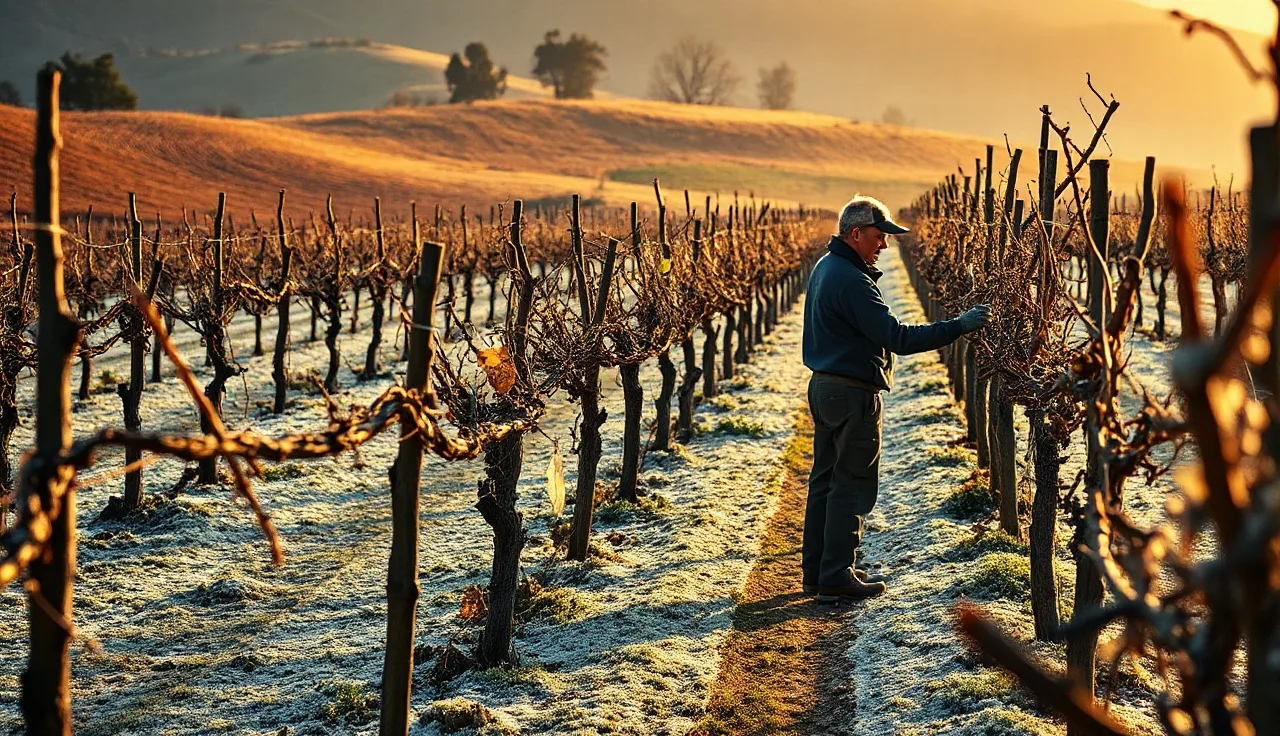Worker inspecting dormant grapevines at dawn in a California vineyard
