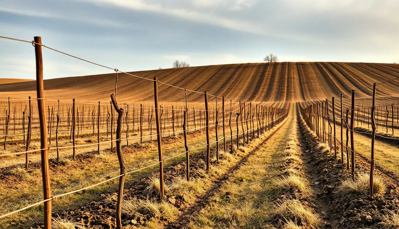 Dormant grapevine rows on rolling Iowa loess hill vineyard in winter morning light