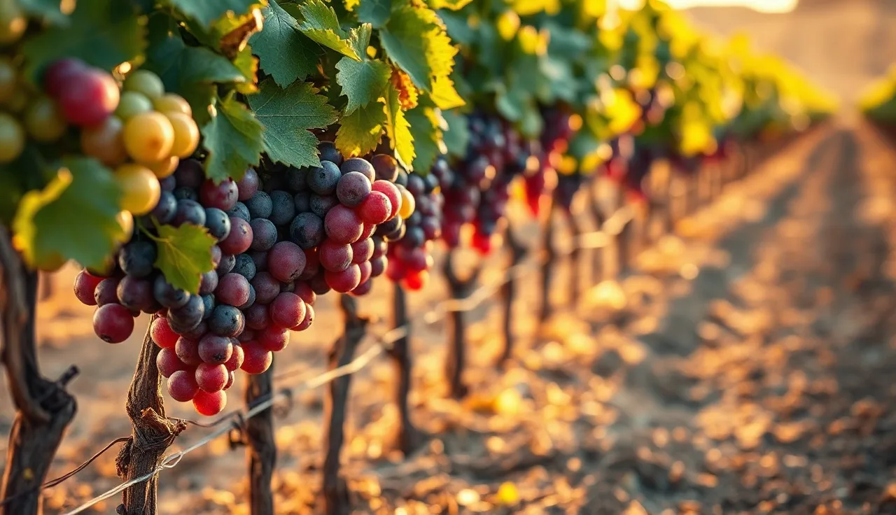 Grape clusters at veraison showing color change with drip irrigation emitter at vine base