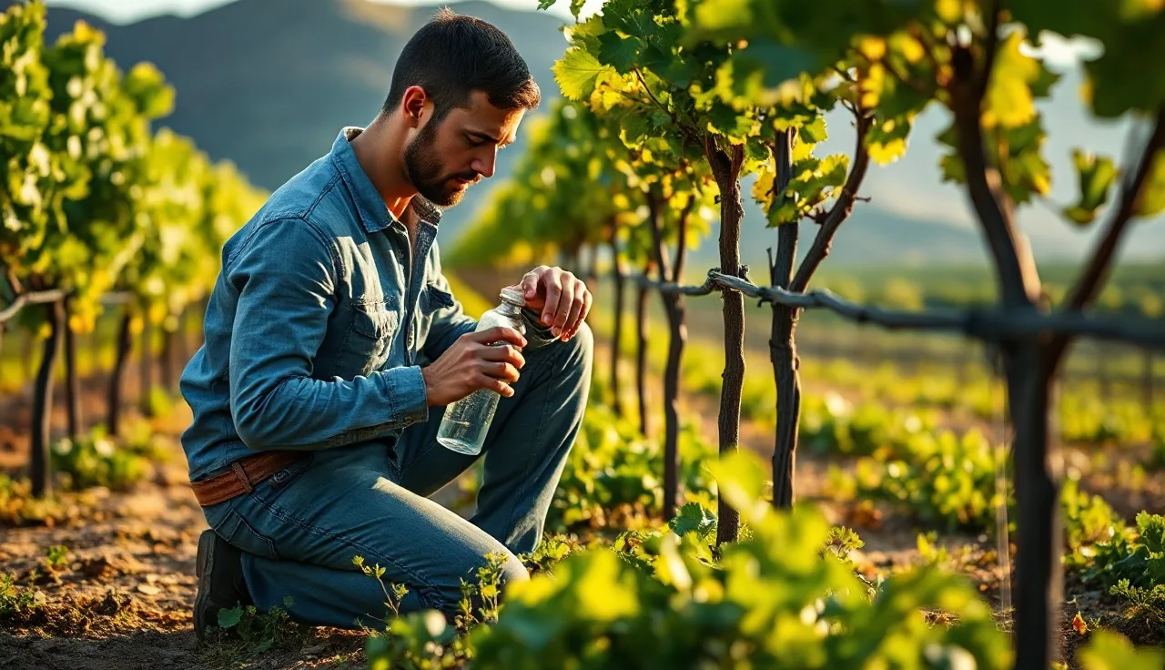 Vineyard worker collecting irrigation water sample from drip line riser between vine rows
