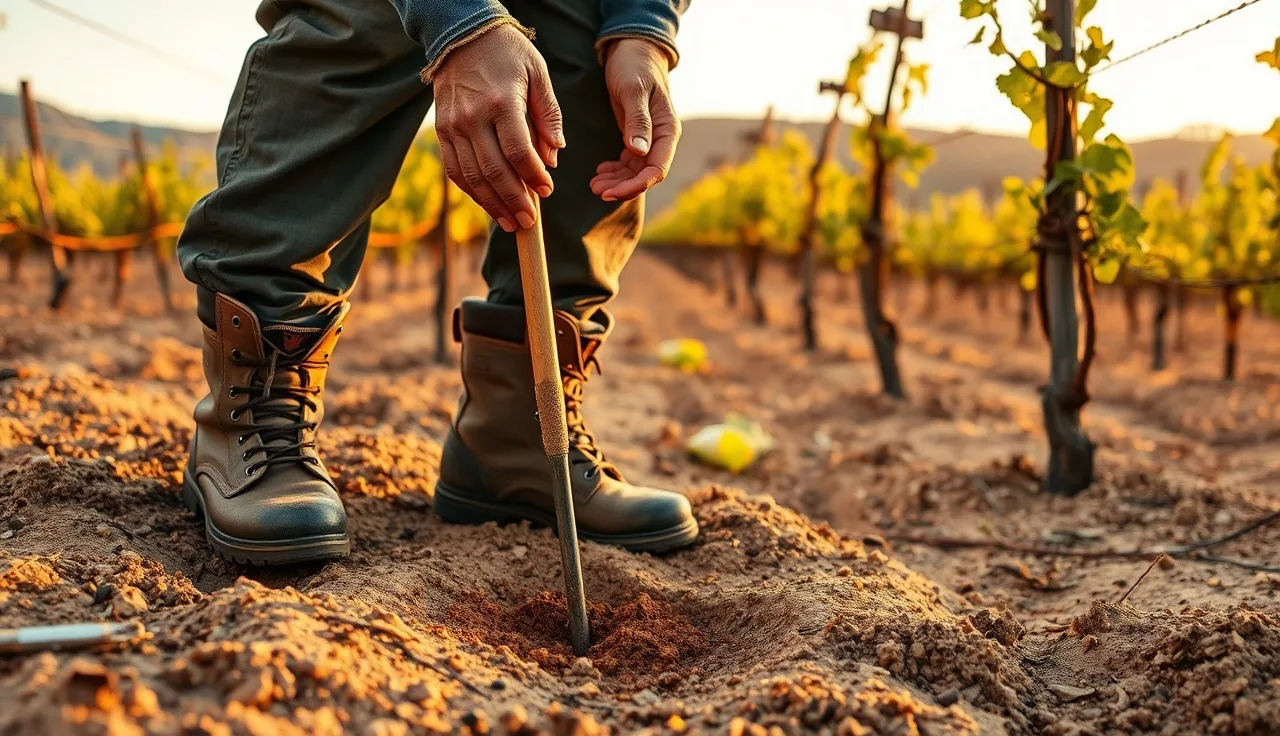Vineyard worker collecting soil samples between old grapevine rows for arsenic testing