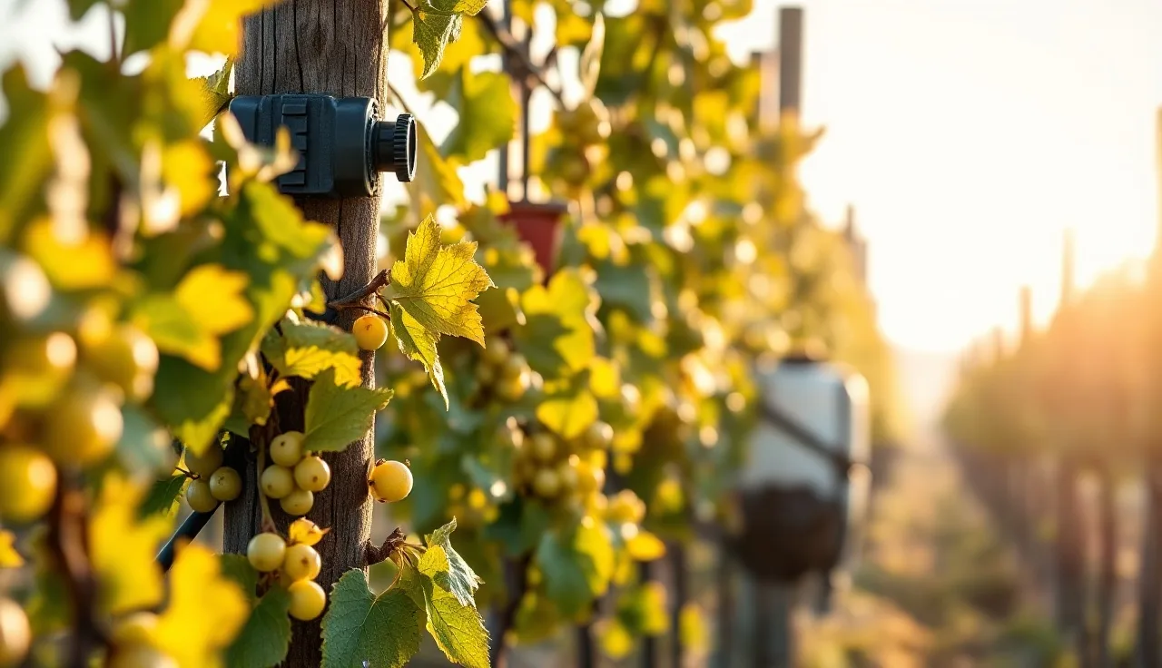 Chlorotic grapevine leaves on young shoots with a foliar sprayer in a vineyard row