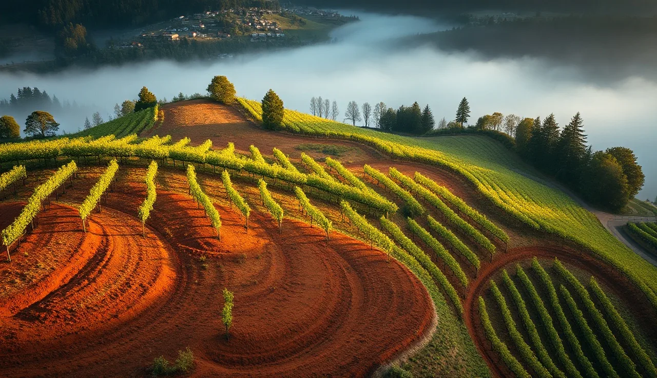 Terraced Willakenzie soil vineyard rows on an Oregon Willamette Valley hillside at dawn