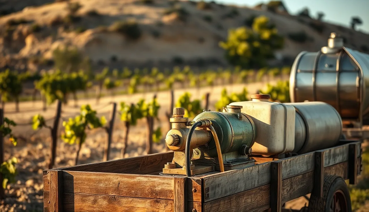 Vintage high-pressure vineyard sprayer with brass pump fittings at end of vine row