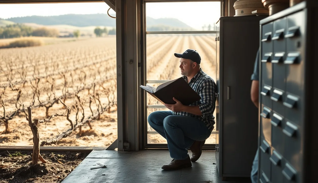 Vineyard manager reviewing pesticide purchase records in an equipment shed