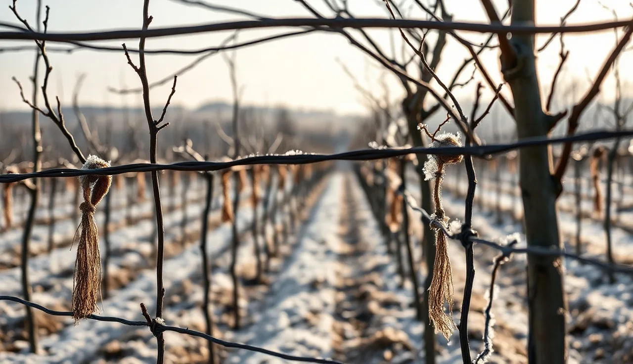 Dormant Kniffin-trained grapevines on two wire trellis in winter vineyard