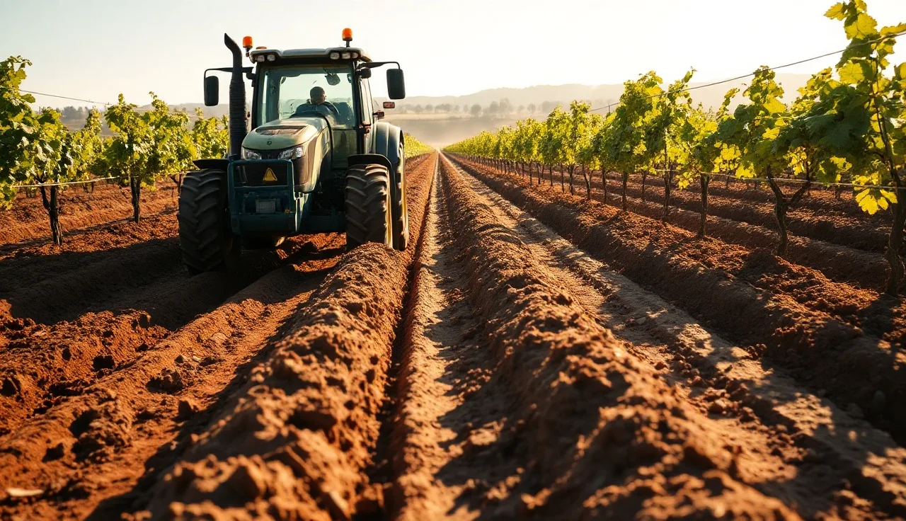Tractor pulling a subsoil ripper through compacted inter-row soil in a large vineyard