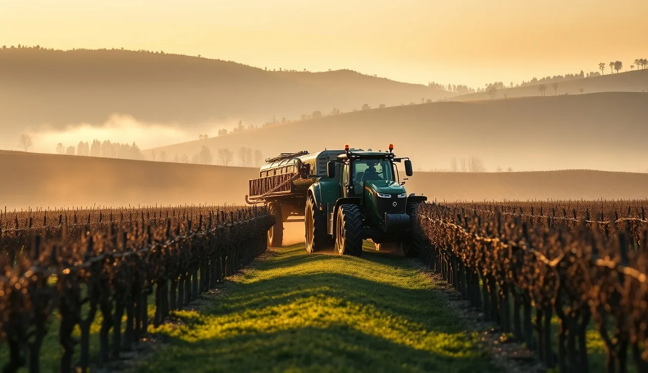 Large airblast vineyard sprayer working down grapevine rows in early morning fog