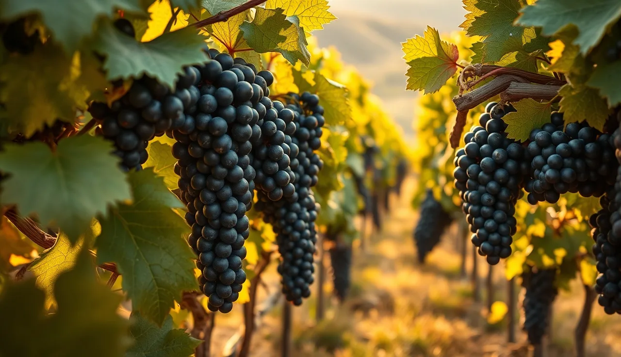 Grape clusters on vine with powdery mildew visible on leaves in late season vineyard