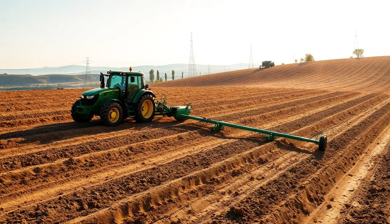 Tractor pulling laser land plane leveling bare soil on a future vineyard site