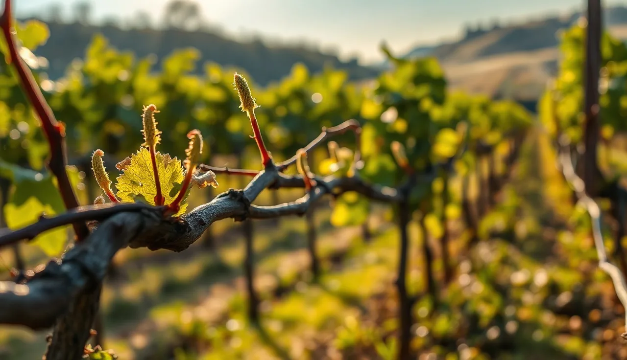 Wet grapevine shoots after lime sulfur spray application in morning vineyard light