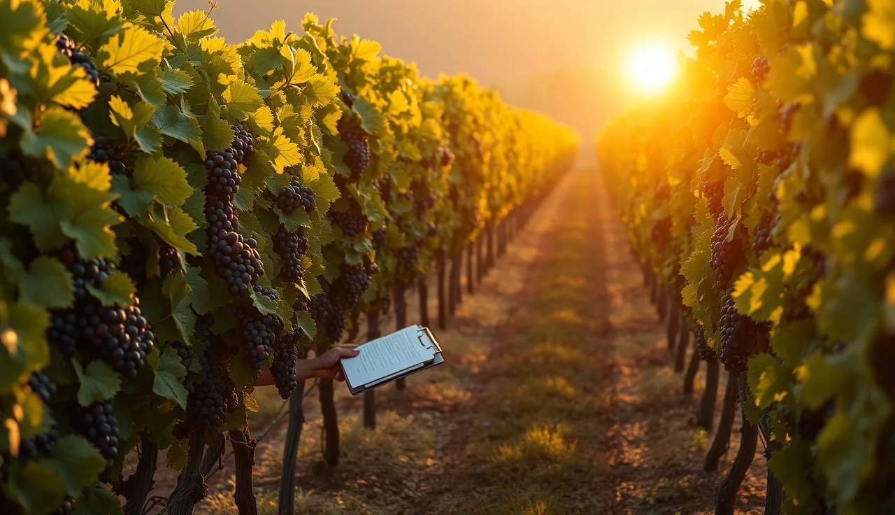 Field worker with clipboard walking vineyard rows at harvest, spray traceability records