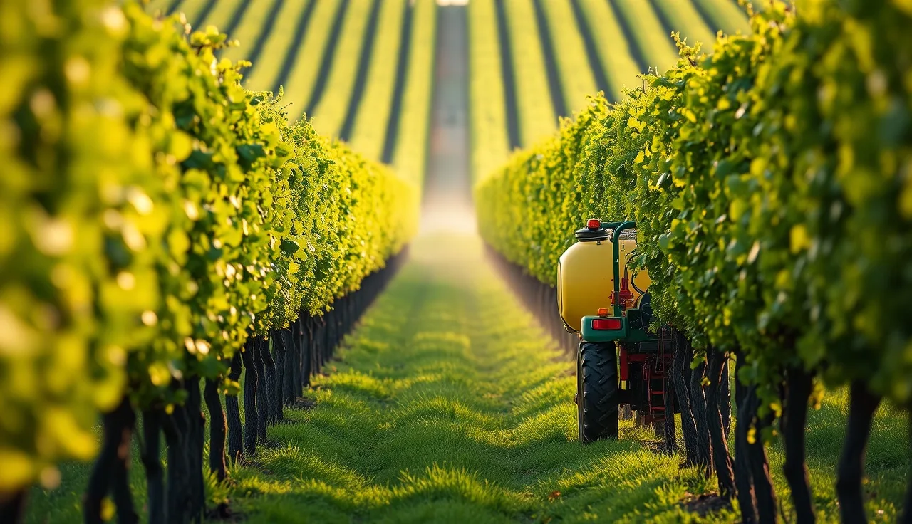 Tower sprayer on tractor applying mist in a vineyard row at dawn