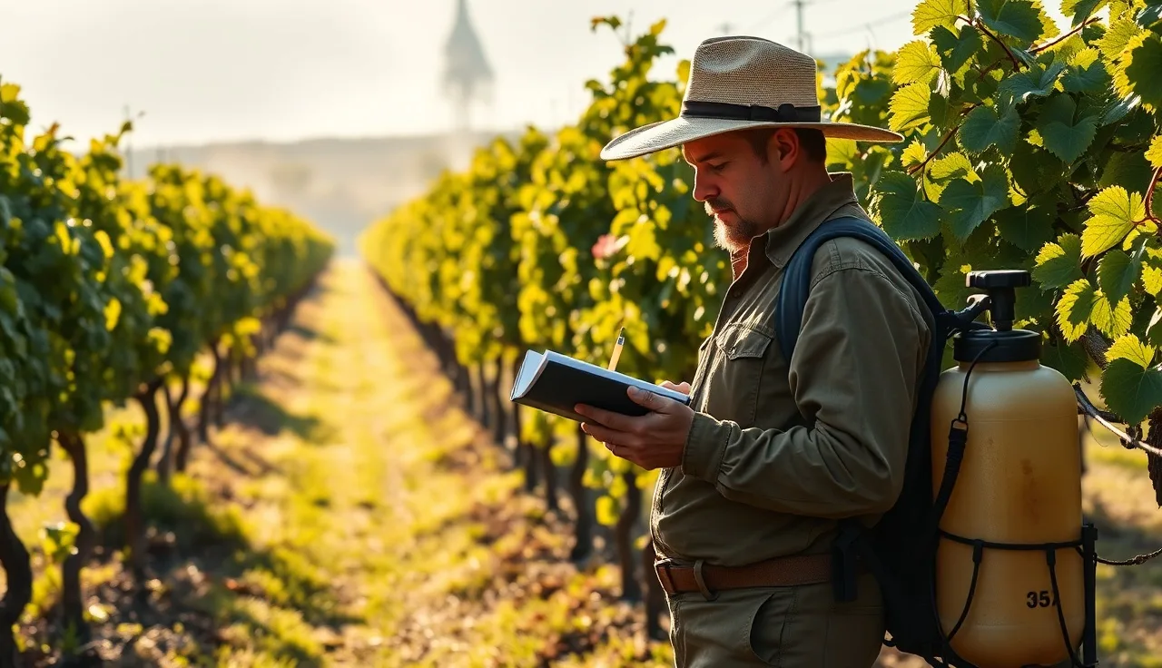 Vineyard worker recording pesticide application data beside sprayer in a morning vineyard row