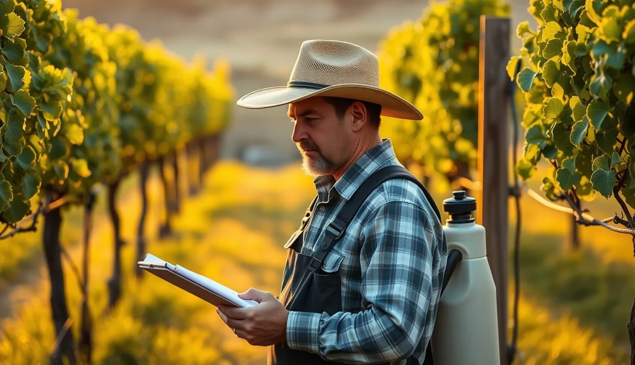 Vineyard manager reviewing spray records on a clipboard between grapevine rows