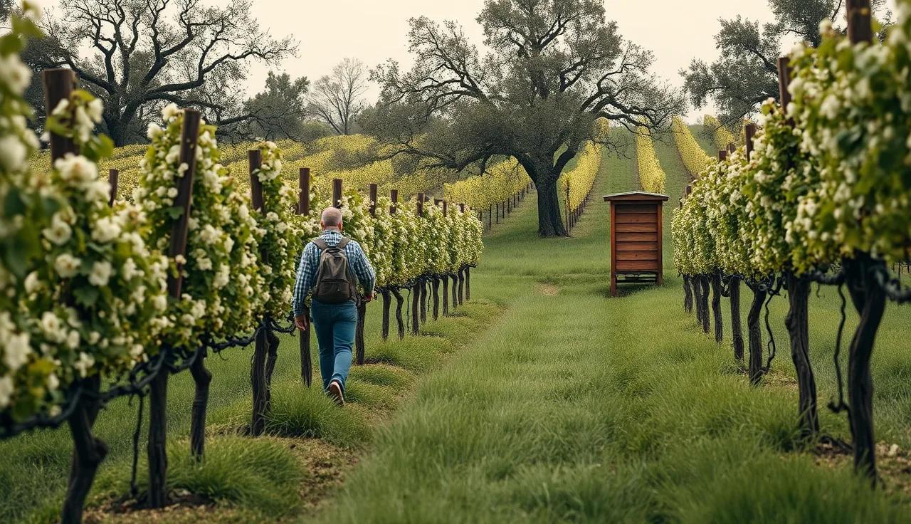 Vineyard worker near blooming vines with beehive at field edge in spring