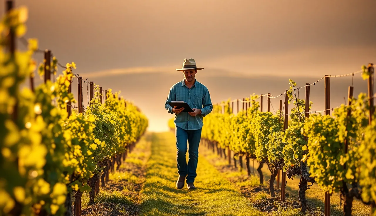 Vineyard manager walking rows of grapevines at dawn during early season field inspection