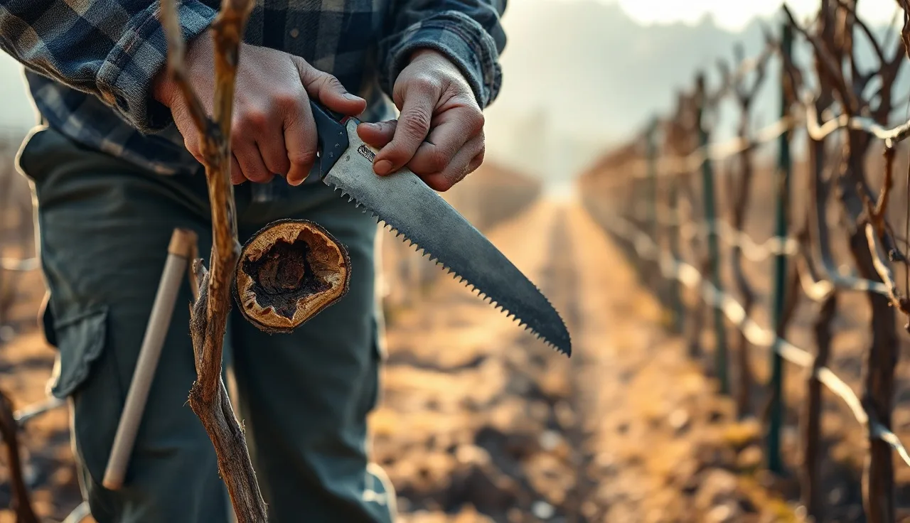 Vineyard worker cutting open a grapevine cordon showing canker disease discoloration