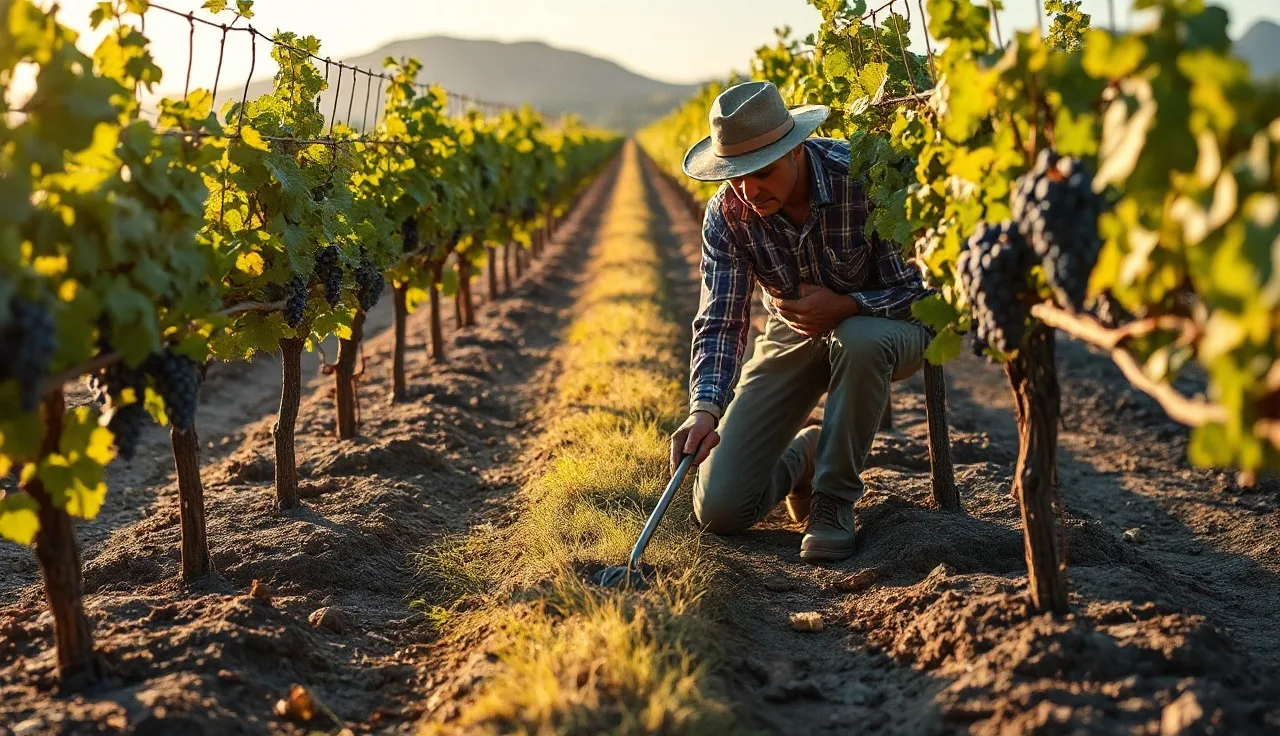 Vineyard worker collecting soil samples between rows of grapevines at dawn