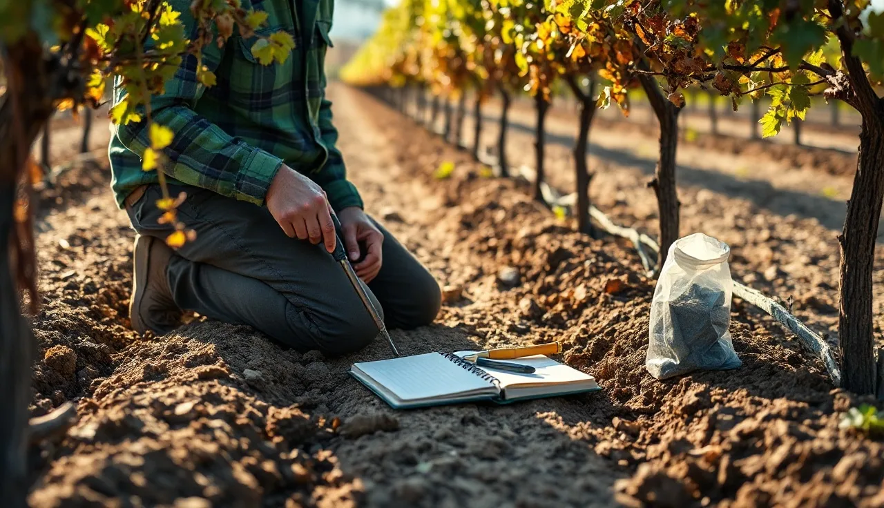 Vineyard manager collecting soil sample in dormant vine row for nitrogen testing