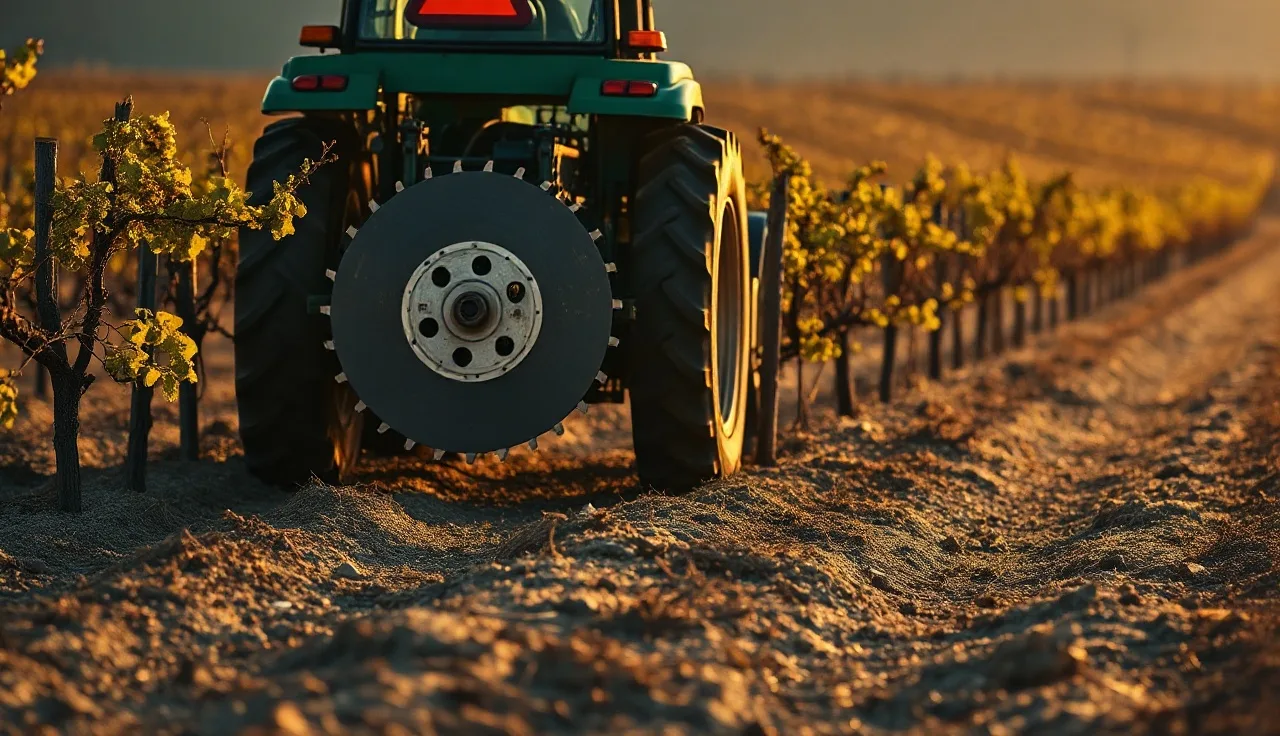 Tractor with mechanical pruner cutting dormant grape vines at dawn in a California vineyard