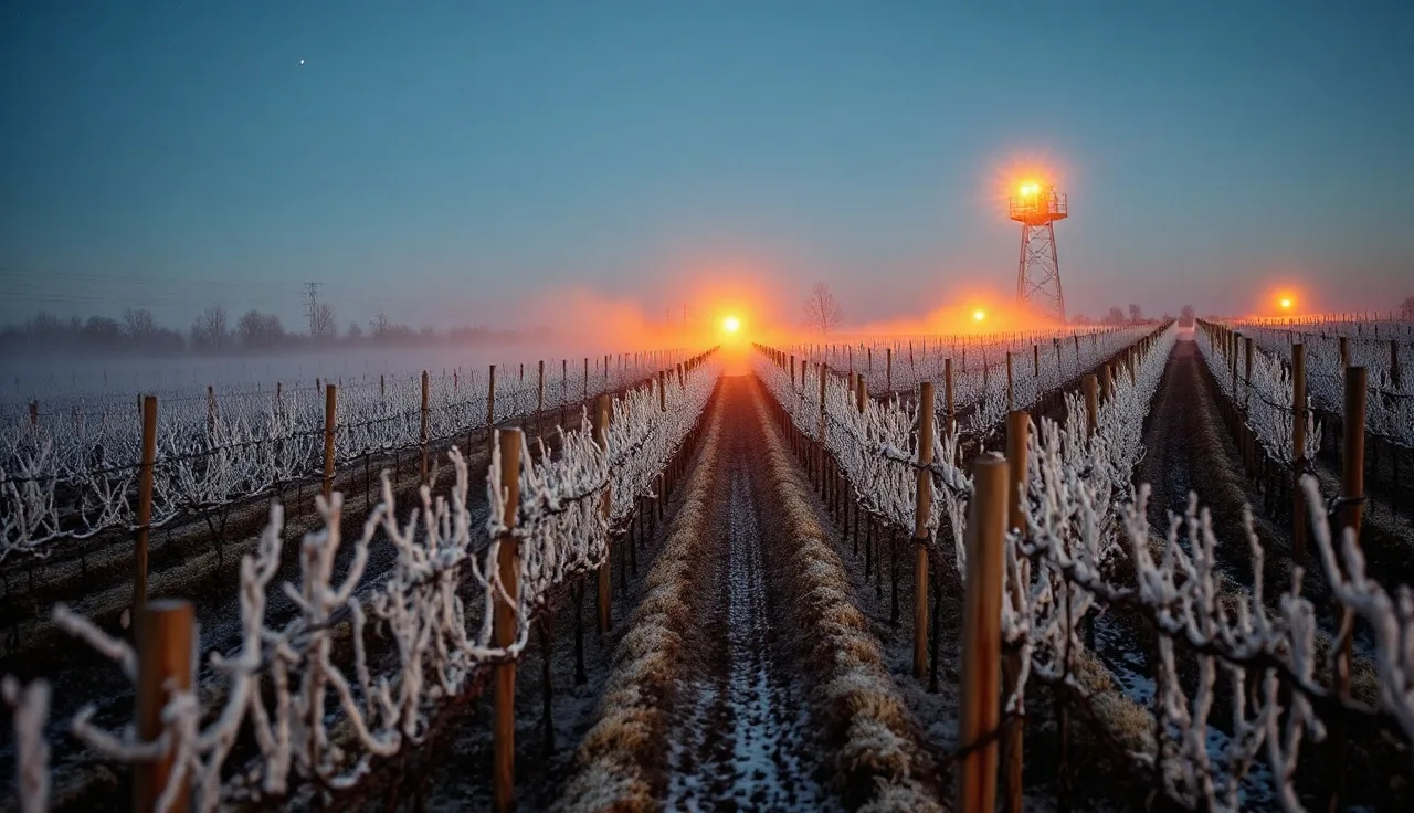 Wind machine tower over frosted vineyard rows at predawn during spring frost event