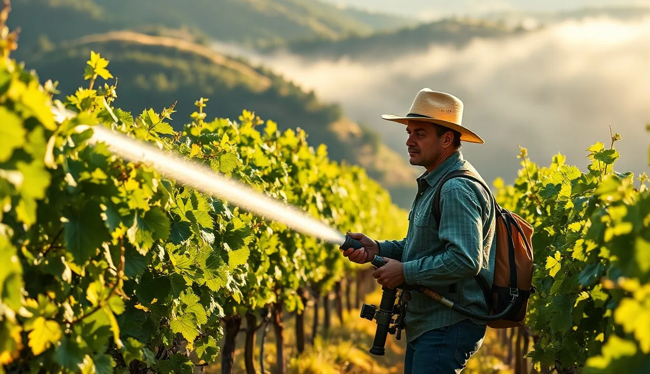 Vineyard worker spraying fungicide through grapevine rows at sunrise