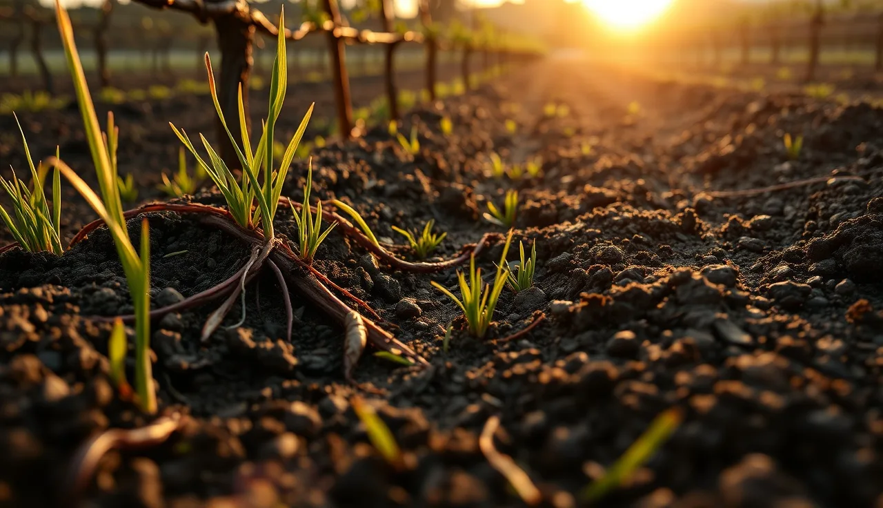 Close-up of dark vineyard soil with cover crop roots and earthworms between dormant vines
