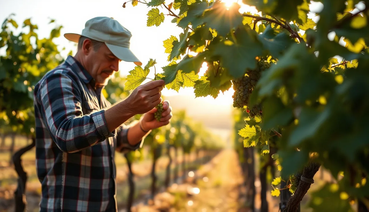 Vineyard worker removing leaves from grapevine cluster zone during mid-season canopy management