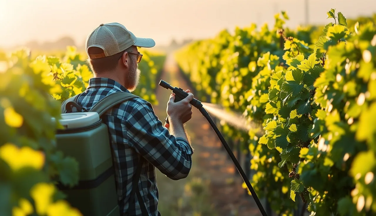 Vineyard worker spraying grapevines for powdery mildew control at dawn