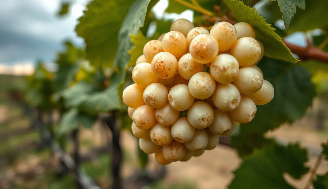 Grapevine cluster with visible powdery mildew and early disease symptoms on leaves