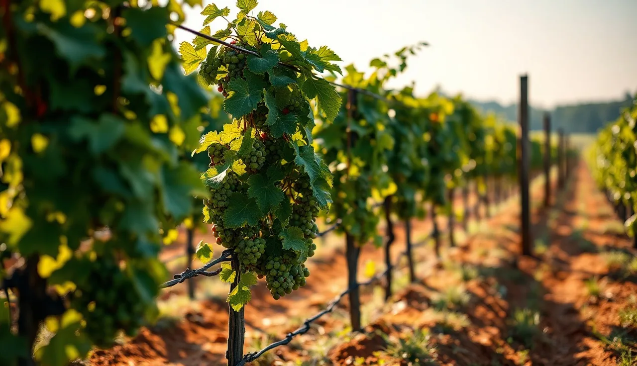 Mature muscadine vines trained on high-wire trellis system with fruit hanging below cordons