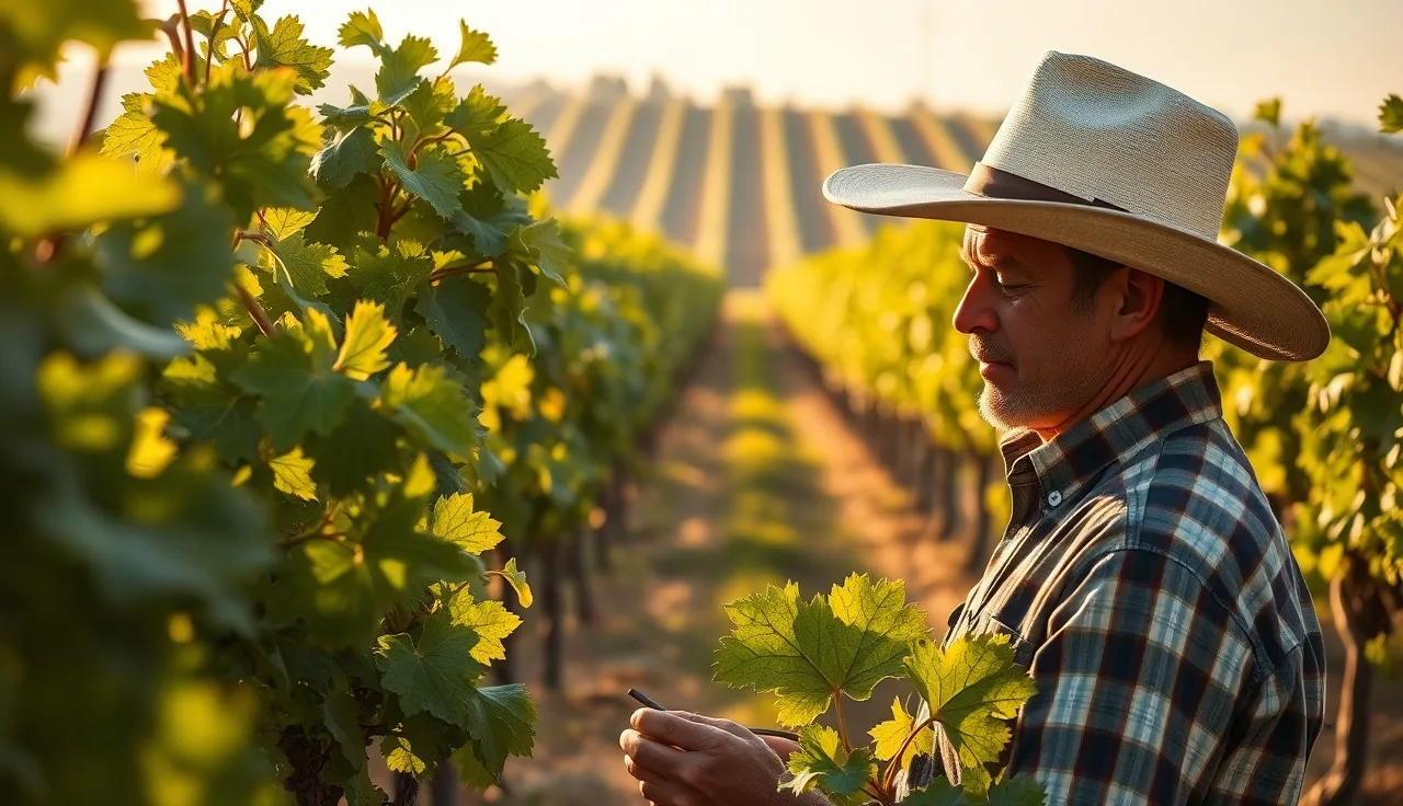 Vineyard worker inspecting grapevine leaves for powdery mildew in morning light