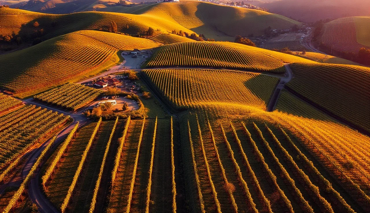 Aerial view of multiple vineyard blocks with distinct row patterns on rolling hills at sunset