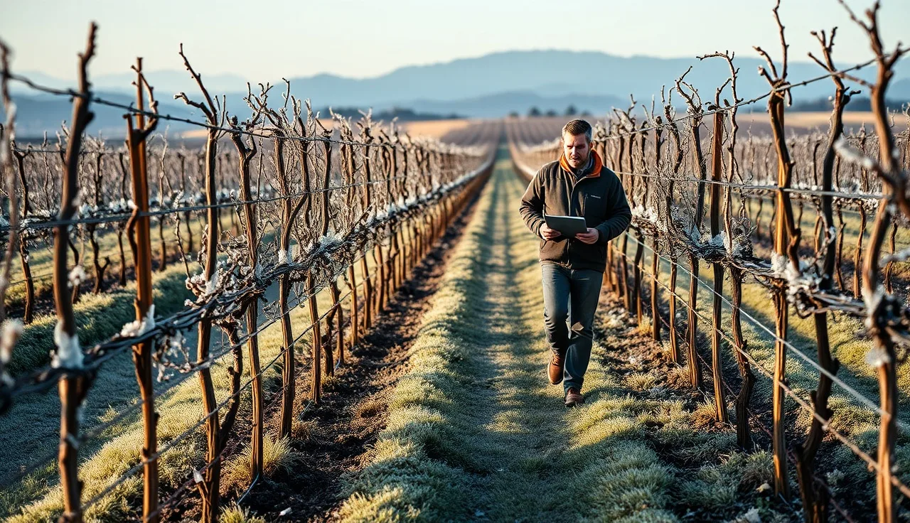 Frost-covered vineyard rows at dawn with a grower assessing natural disaster crop damage