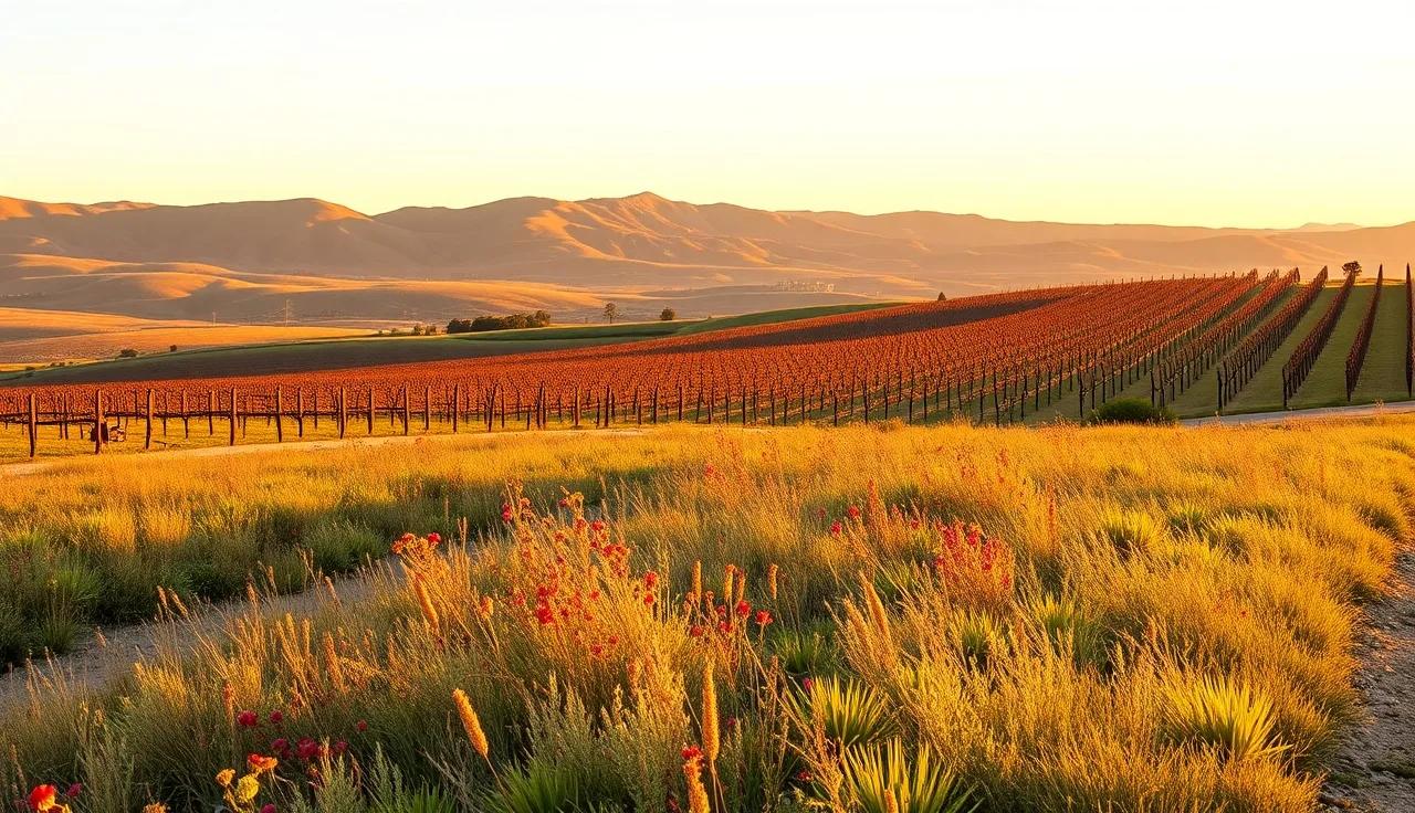 Native wildflower buffer strip adjacent to dormant grapevine rows at vineyard edge