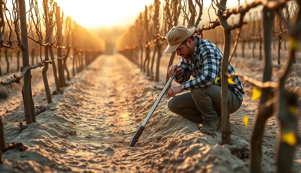 Vineyard worker collecting soil core samples between dormant vine rows at dawn