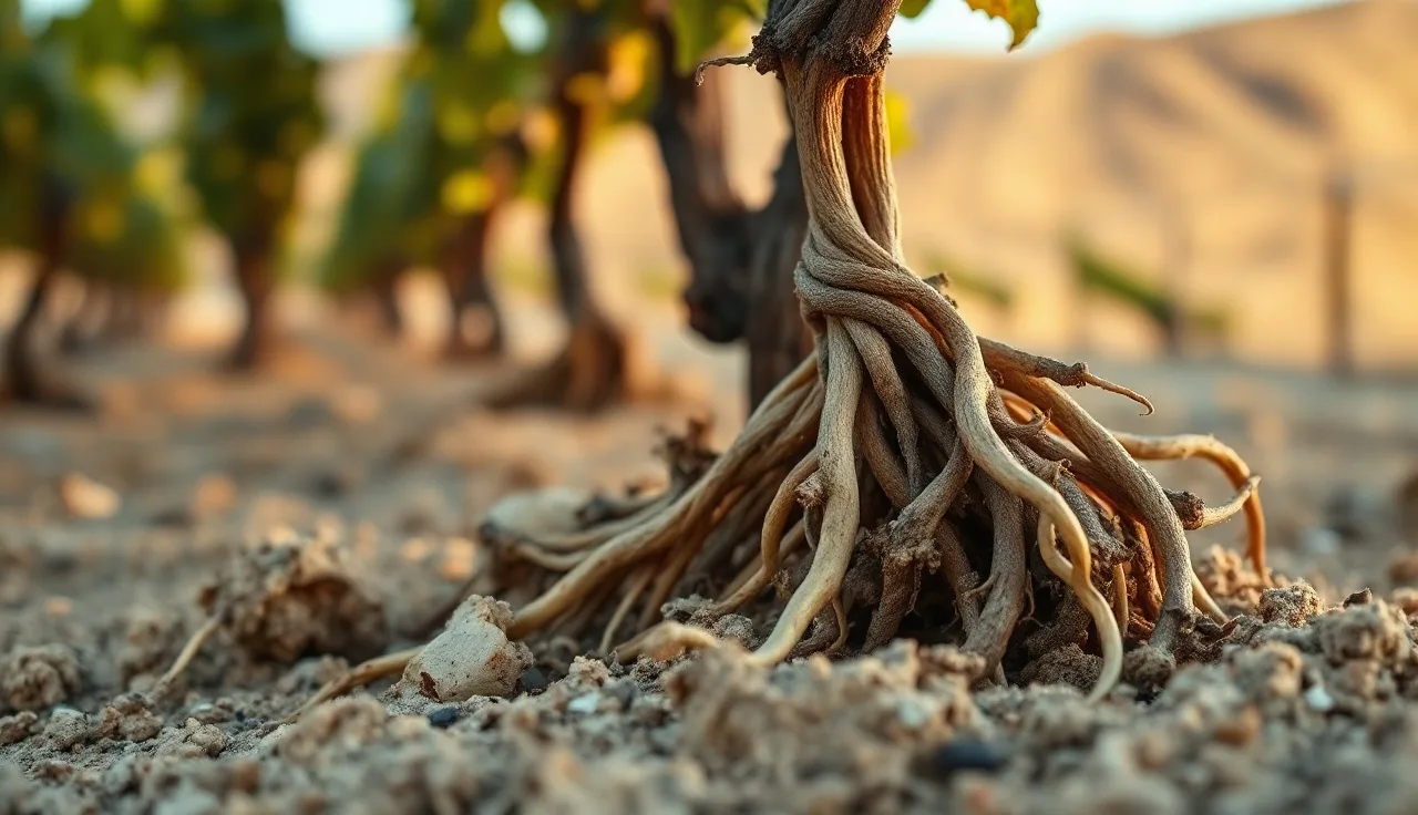 Grapevine roots showing nematode galls on feeder roots in sandy vineyard soil