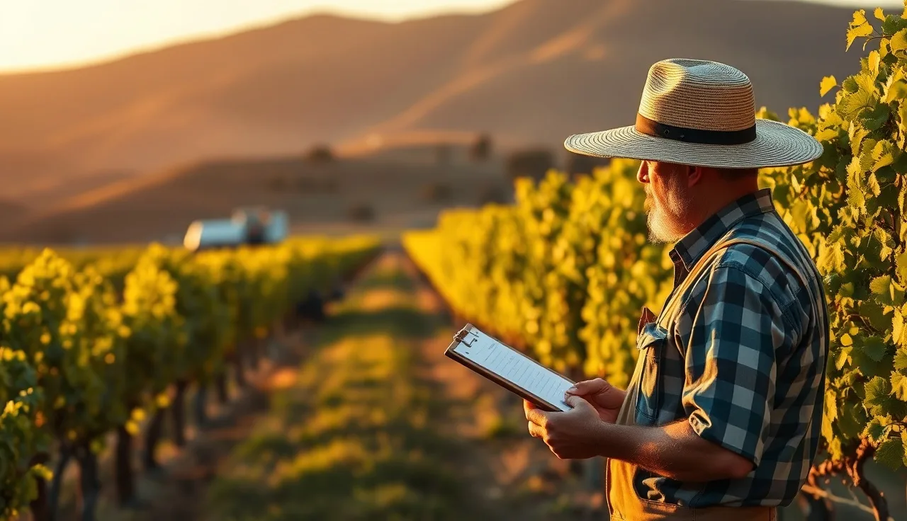 Vineyard worker reviewing spray records at a grapevine row at sunset