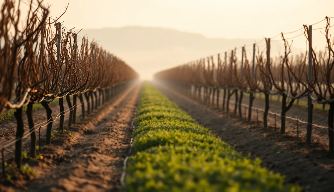 Drip irrigation lines running beneath dormant grapevines in a California vineyard at dawn