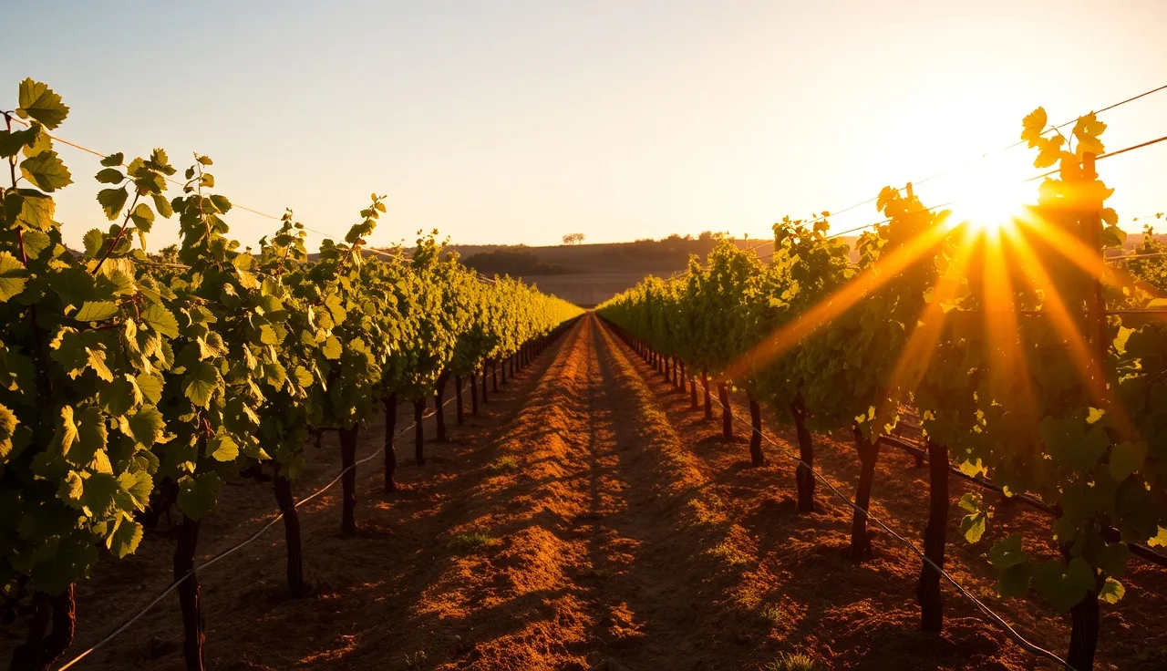 Open-canopy vineyard rows with no spray equipment at golden hour