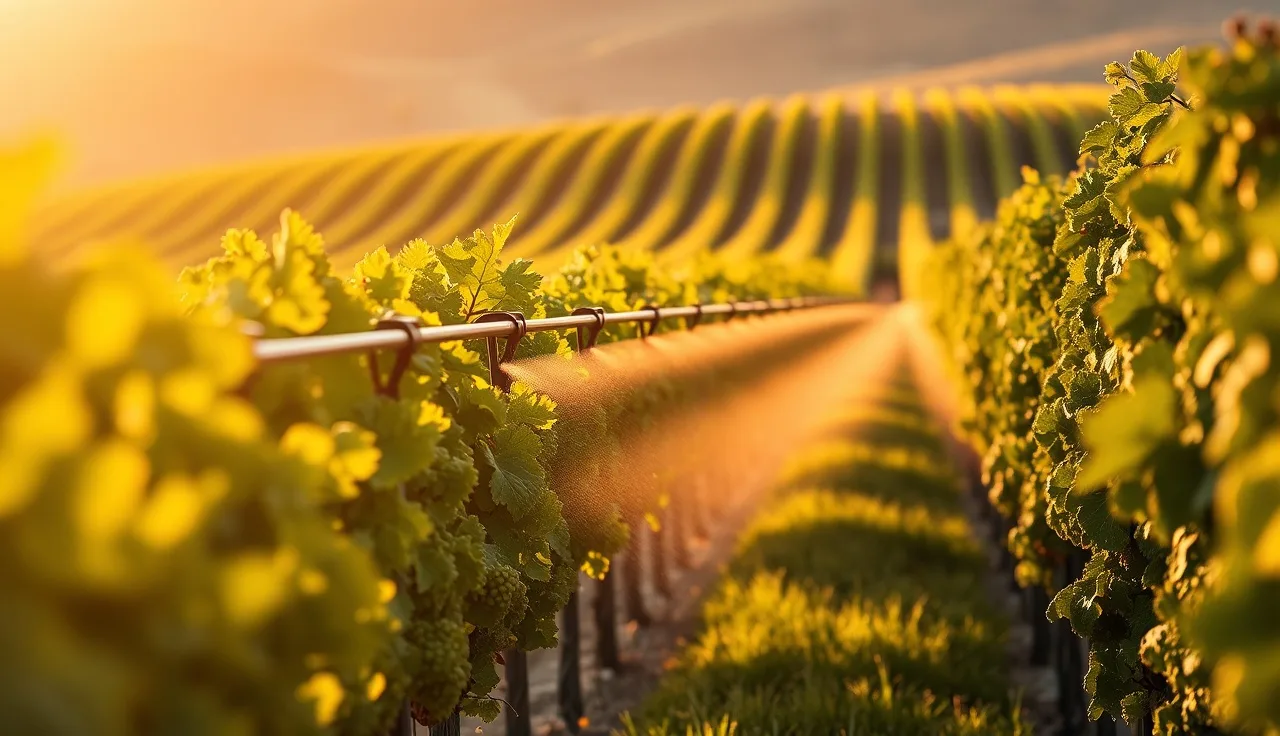 Vineyard sprayer applying organic fungicide to grapevines at golden hour