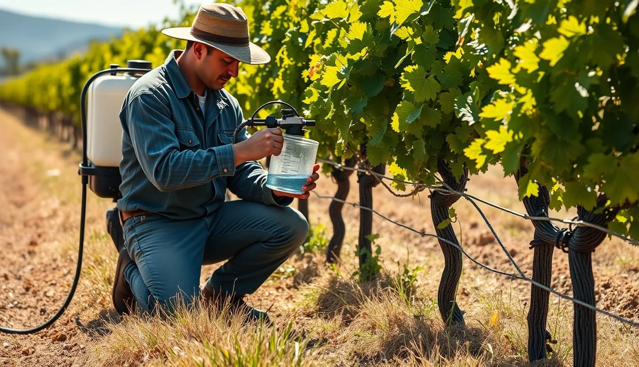 Vineyard worker measuring nozzle output from an airblast sprayer during calibration check